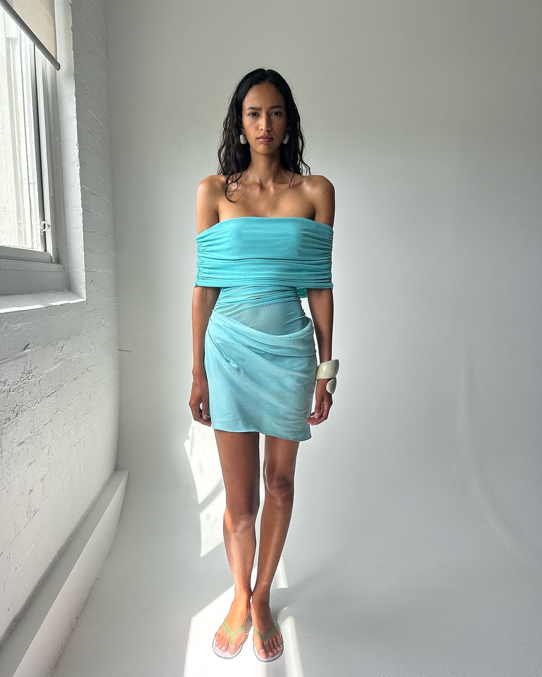BENNI Nico Off Shoulder Mini Dress Aquamarine The Dress Nook BENNI Nico Off Shoulder Mini Dress Aquamarine The Dress Nook