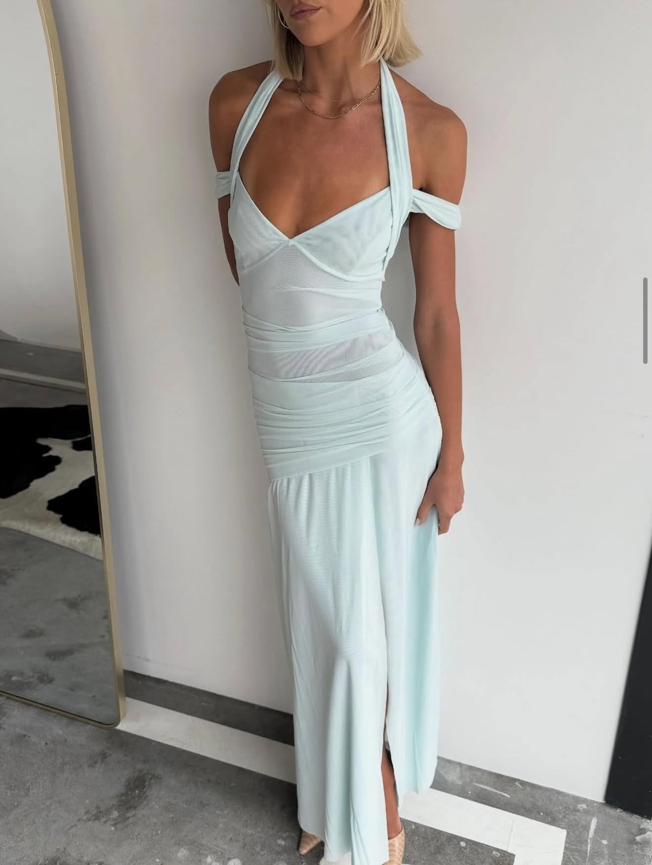blue polka dot off the shoulder dress Bec + Bridge Winnie Halter Maxi Dress Spearmint – The Dress Nook