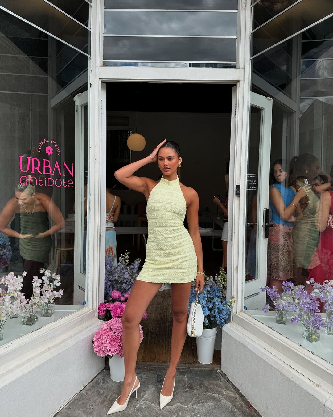 With Harper Lu Textured Halter Mini Dress Lemon