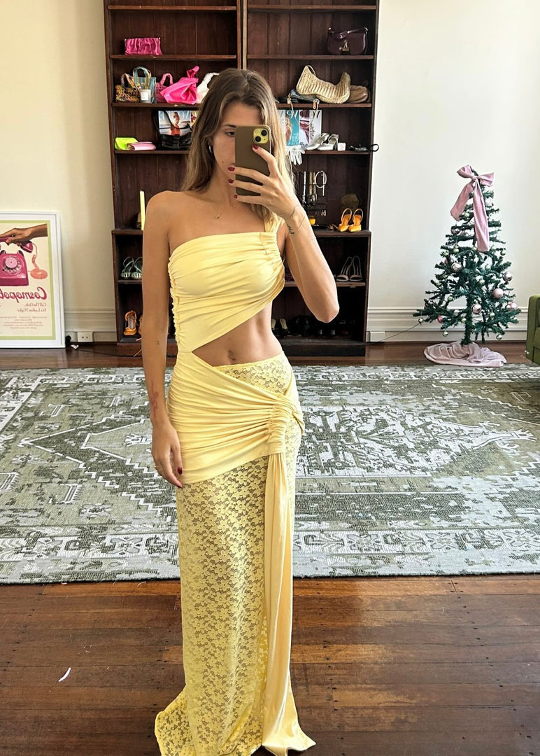 Deconduarte Paradiso Lace Maxi Dress Baby Yellow The Dress Nook Deconduarte Paradiso Lace Maxi Dress Baby Yellow The Dress Nook