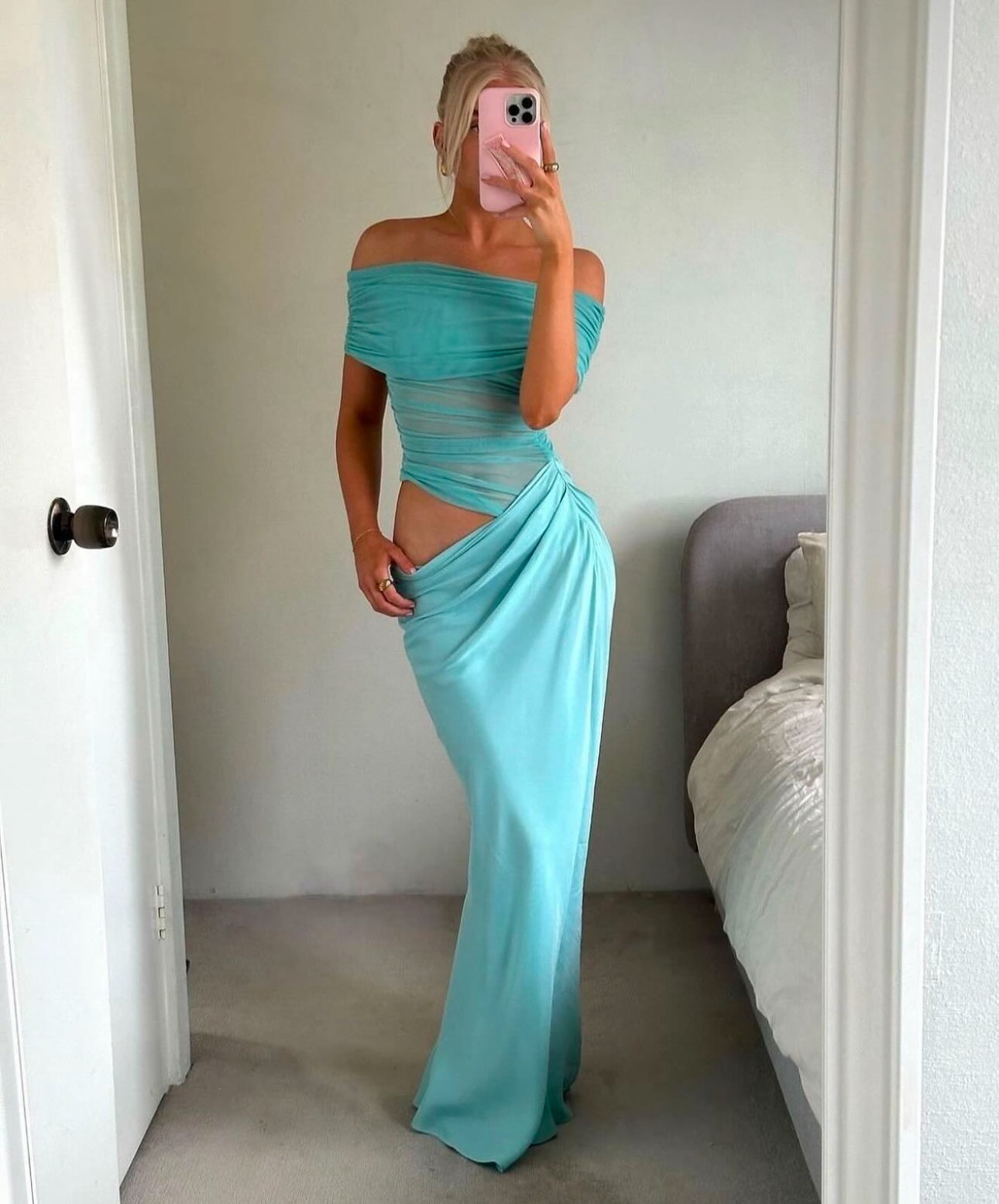 BENNI Nico Off Shoulder Maxi Dress Aquamarine