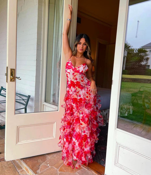 MENTI Santorini Red Floral Maxi Dress