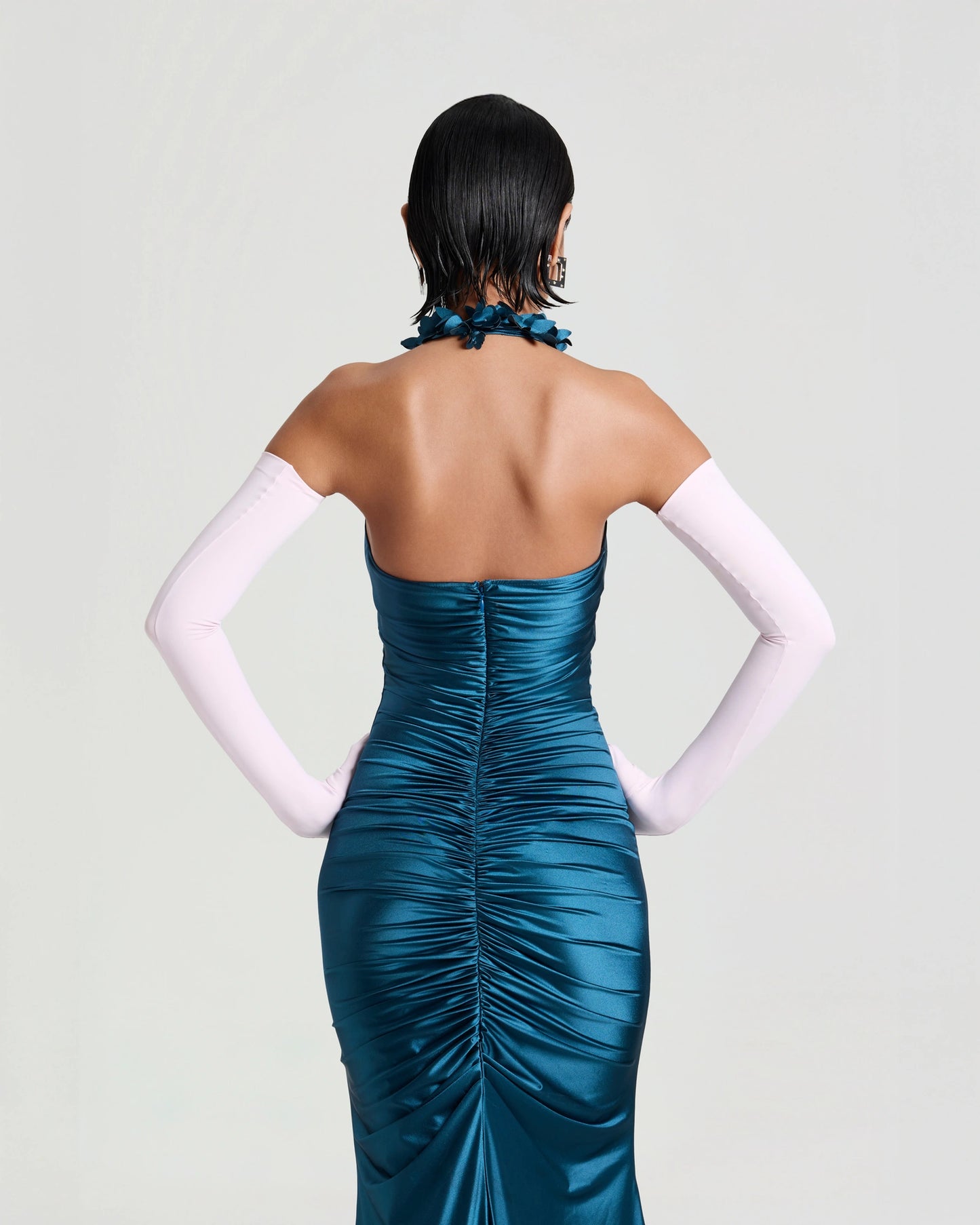 Fanci Club Gianni Floral Halter Dress in Steel Blue