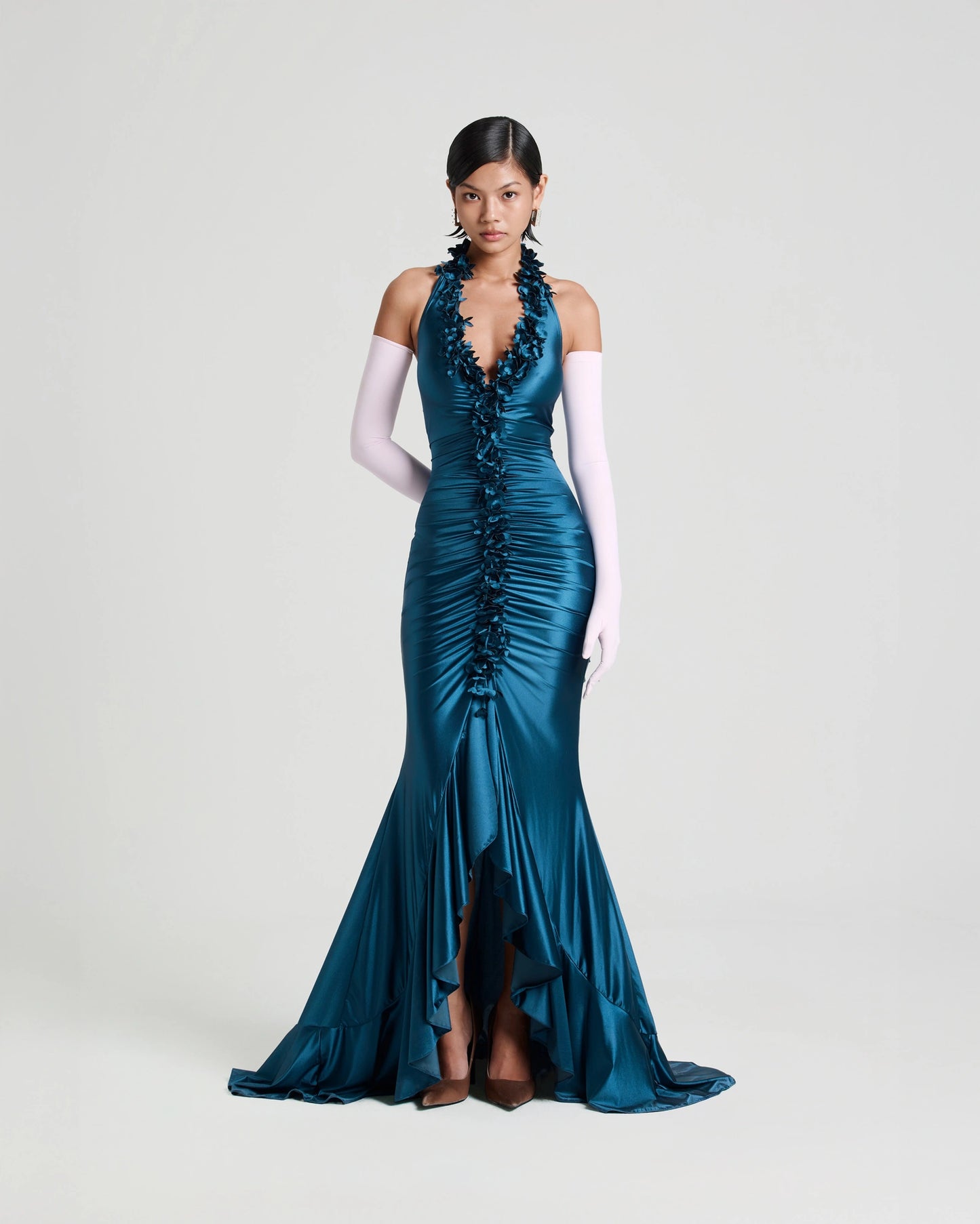 Fanci Club Gianni Floral Halter Dress in Steel Blue