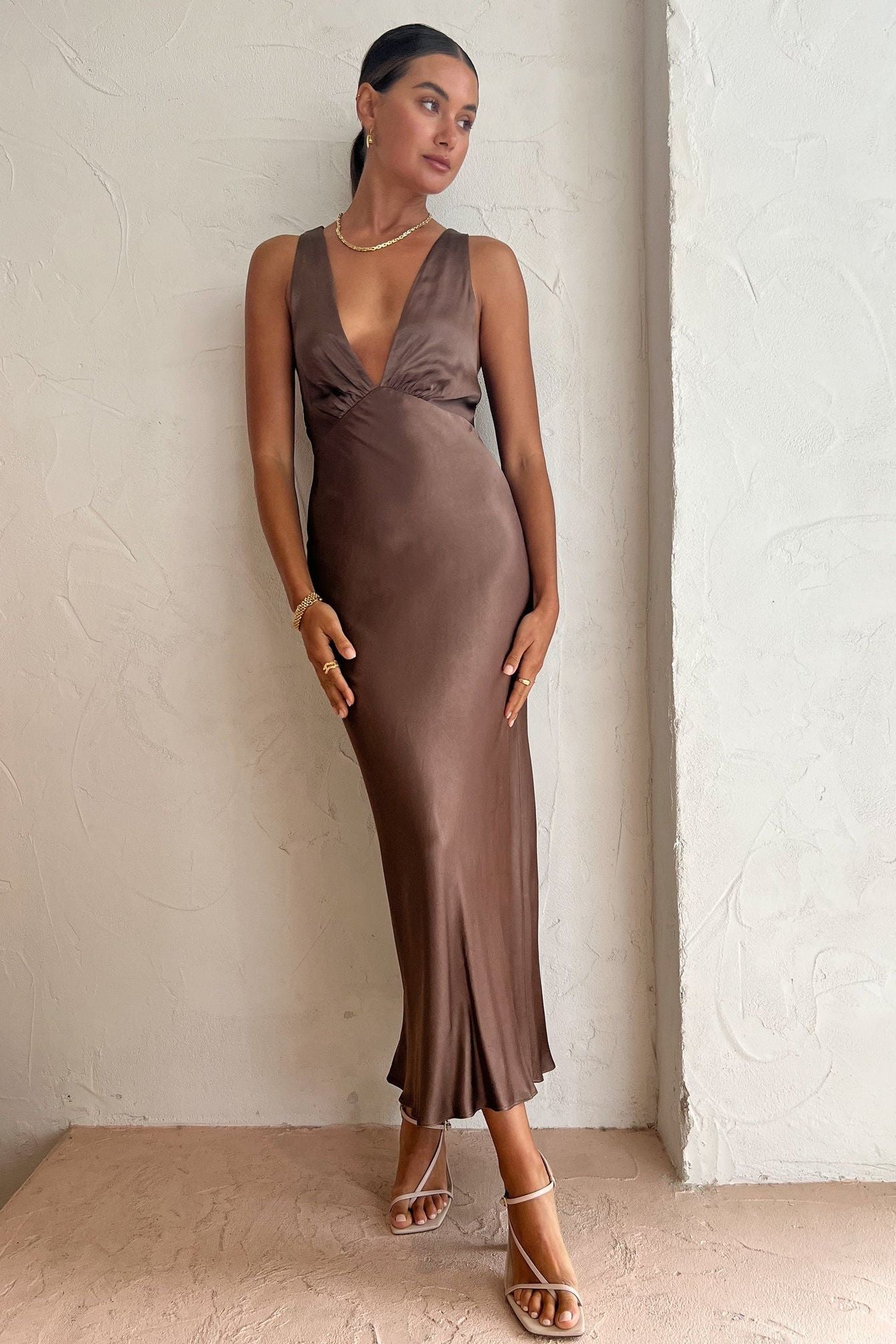 Shona Joy Milo Plunged Cross Back Midi Dress Cacao