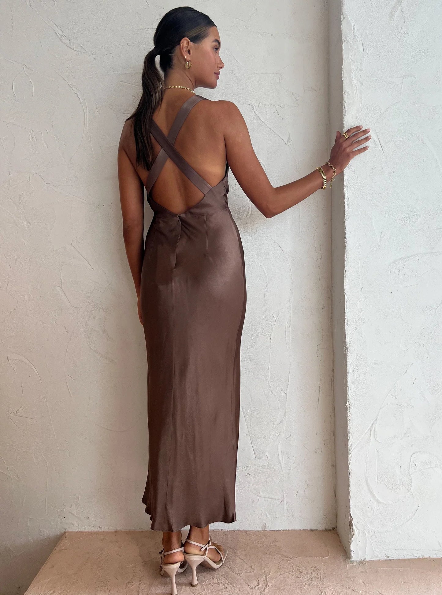 Shona Joy Milo Plunged Cross Back Midi Dress Cacao