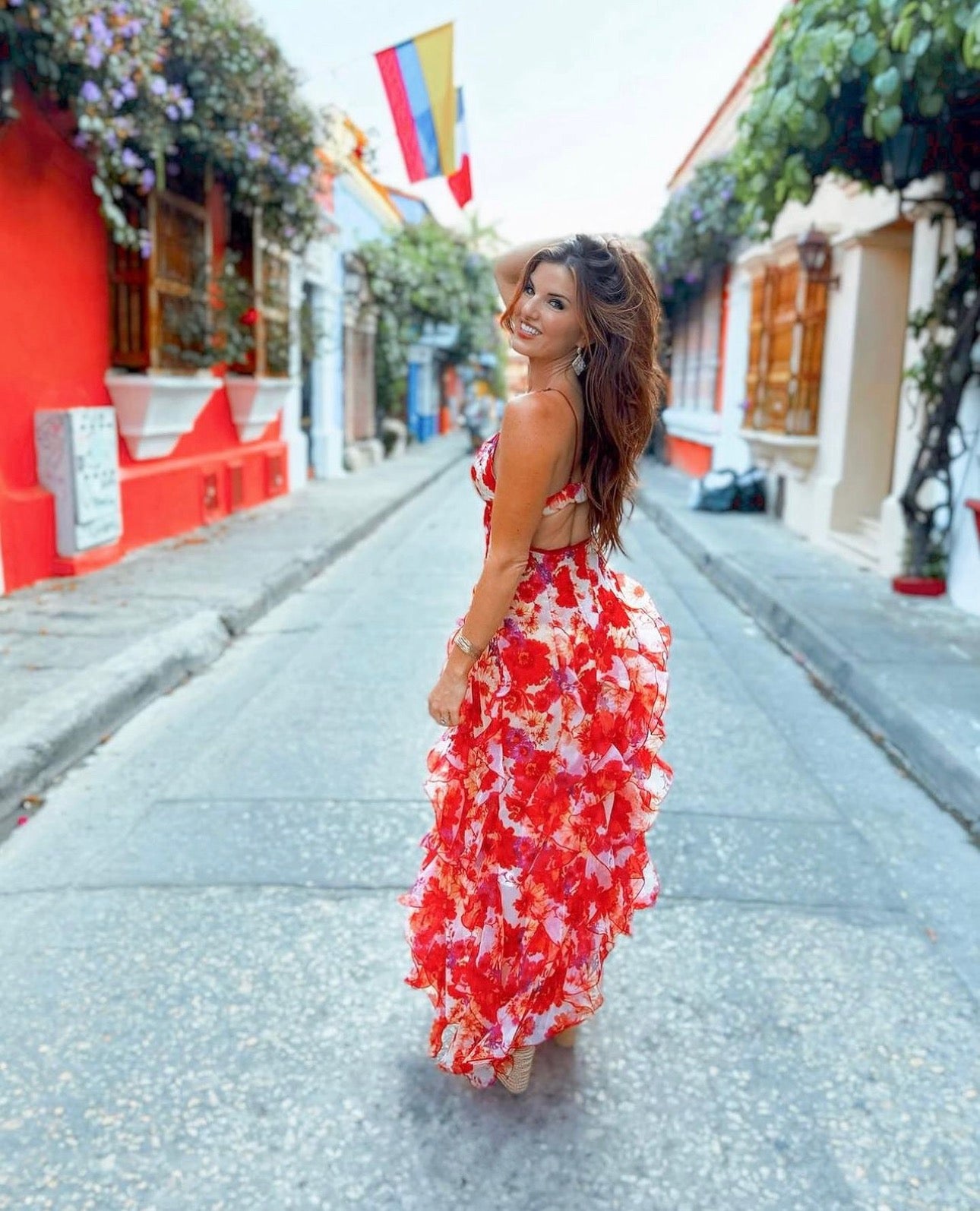 MENTI Santorini Red Floral Maxi Dress