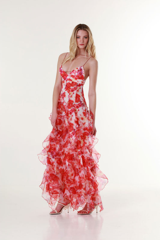 MENTI Santorini Red Floral Maxi Dress