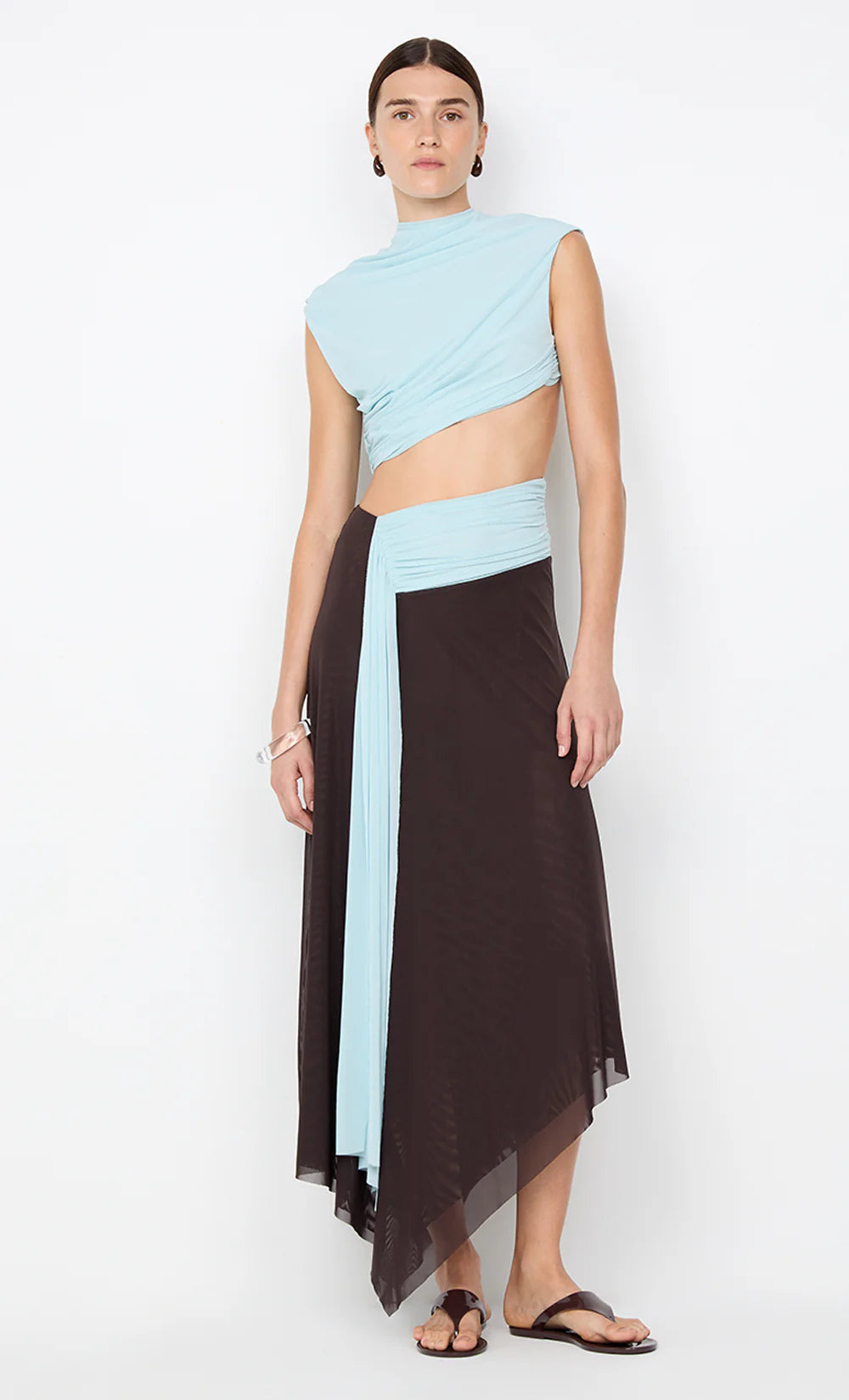 Bec + Bridge Conni Asym Midi Dress Arctic Blue/ Dark Chocolate