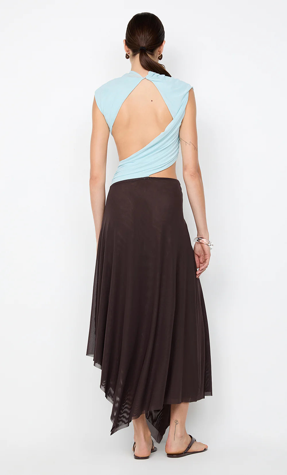 Bec + Bridge Conni Asym Midi Dress Arctic Blue/ Dark Chocolate